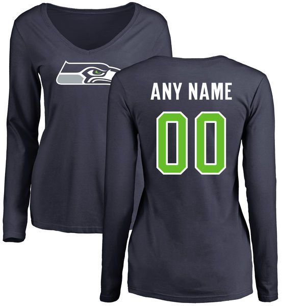 Women Seattle Seahawks Navy Any Name and Number Logo Slim Fit Long Sleeve Custom NFL T-Shirt